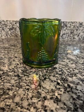 Green Iridescent Carnival Glass Grape canister without lid